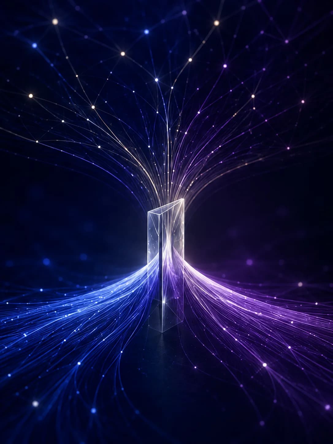 Luminous network converging through a prism